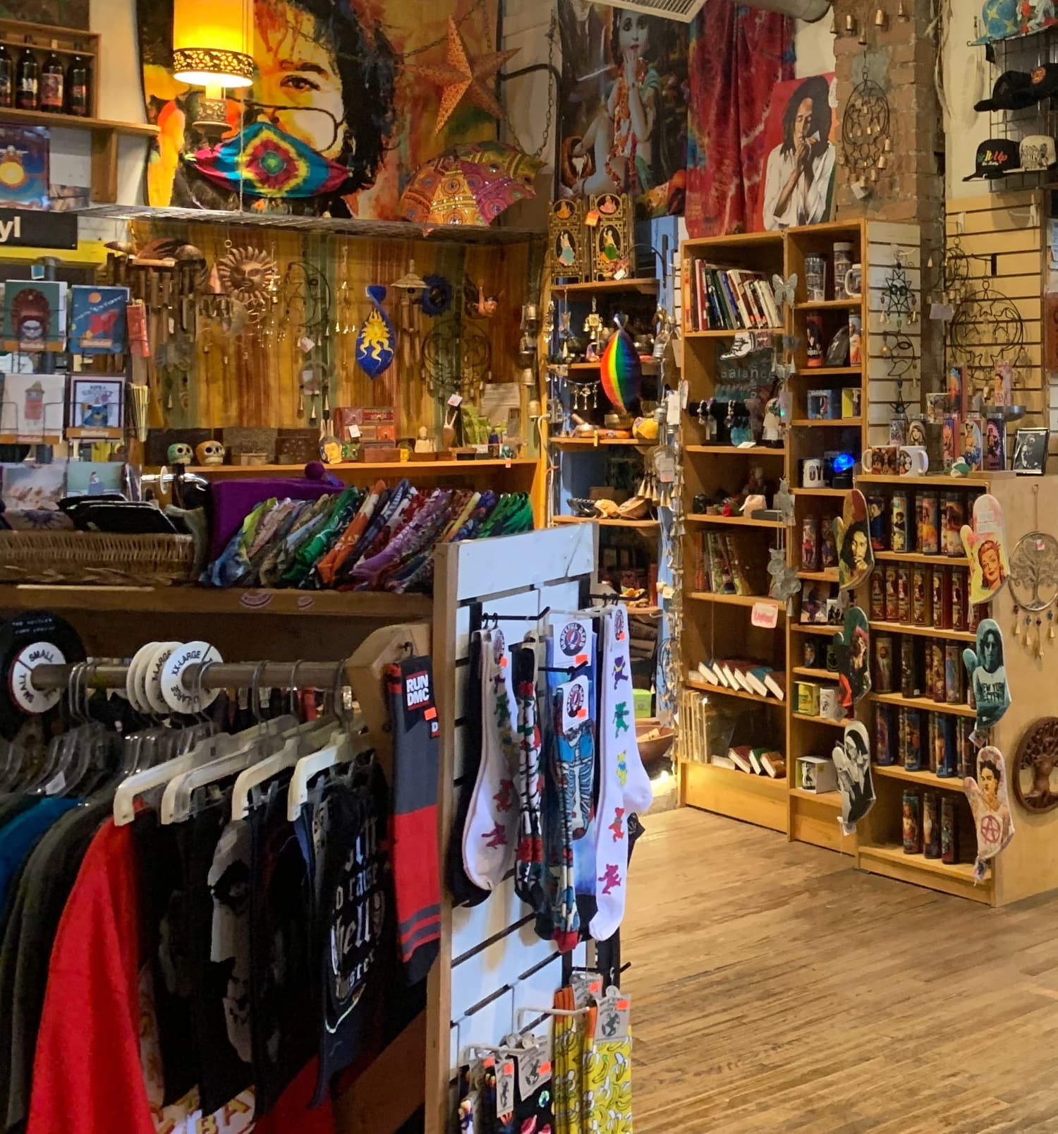 Wind chimes, tapestries, incense, dream catchers and shelves of candles and books inside the shop.